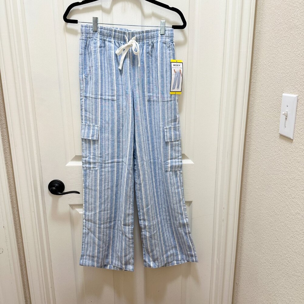 Roxy Women's Linen Blend Cargo Pant Size S Blue Cottagecore Coastal Boho Beach - Picture 15 of 15